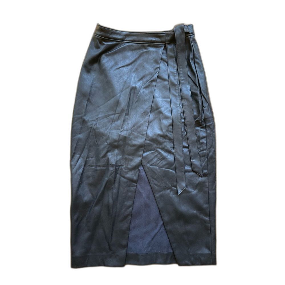 Classic Black Faux Leather Wrap Midi Skirt